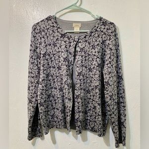 Vtg LL Bean 100% cotton black and gray floral cardigan button up sweater size M